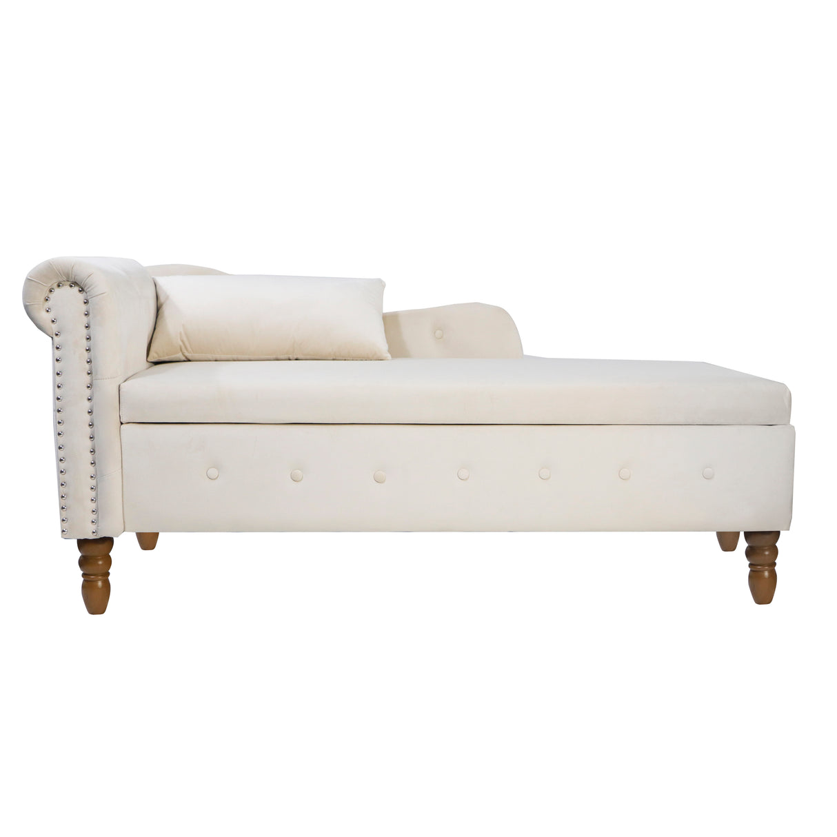 Beige Chaise Lounge Indoor Velvet Lounge Chair for Bedroom with Storage & Pillow Modern Upholstered Rolled Arm Chase Lounge - V.I.P Digital Presence