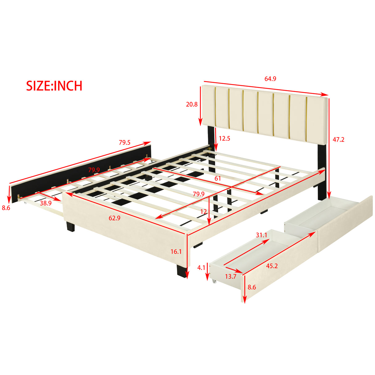 Queen Size Upholstered Platform Bed with 2 Drawers and 1 Trundle, Classic Metal Strip Headboard Design, Beige - V.I.P Digital Presence