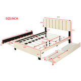 Queen Size Upholstered Platform Bed with 2 Drawers and 1 Trundle, Classic Metal Strip Headboard Design, Beige - V.I.P Digital Presence