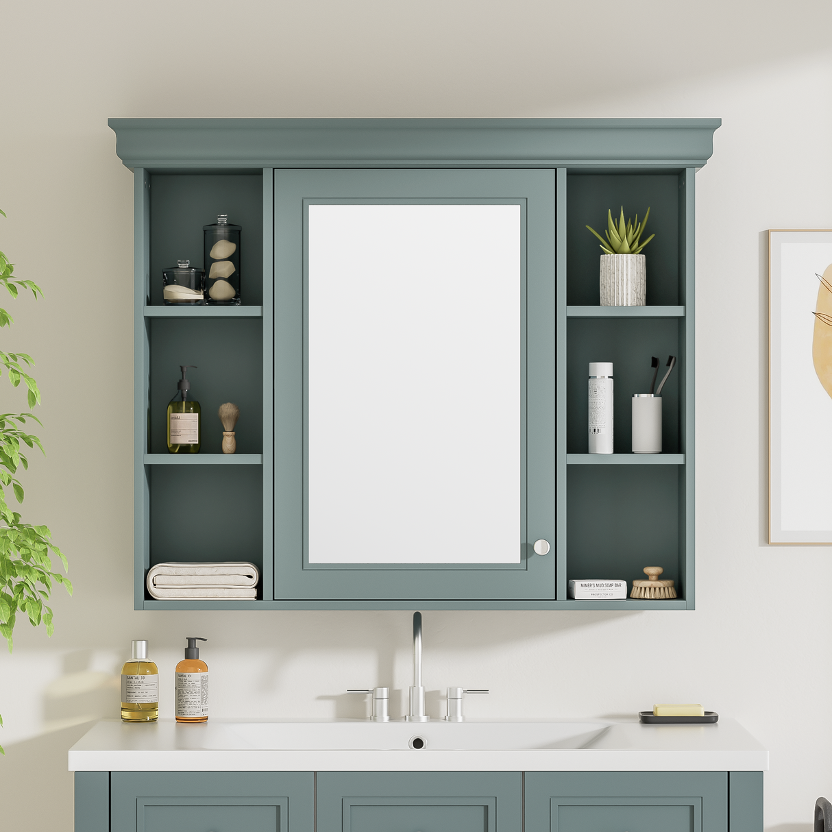 35 ''x 28' 'blue wall mounted bathroom storage cabinet with mirror door and medication cabinet with 6 open shelves - V.I.P Digital Presence