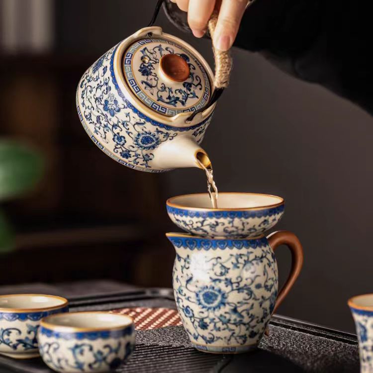 Blue and white rice yellow Ru kiln Kung Fu tea set household ceramic teapot - V.I.P Digital Presence