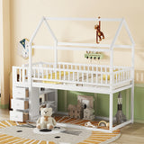 TWIN/TWIN HOUSE BUNK BED WITH SHELVES AND DRAWERS FOR WHITE COLOR - V.I.P Digital Presence