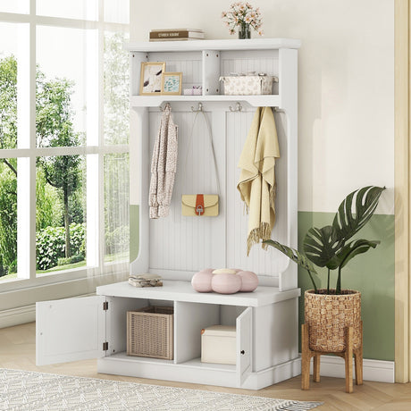 Hall Tree with Storage Shoe Bench for Entryway and Hallway, 4-in-1 Design Coat Racks with 4 Hooks for Living Room, White - V.I.P Digital Presence