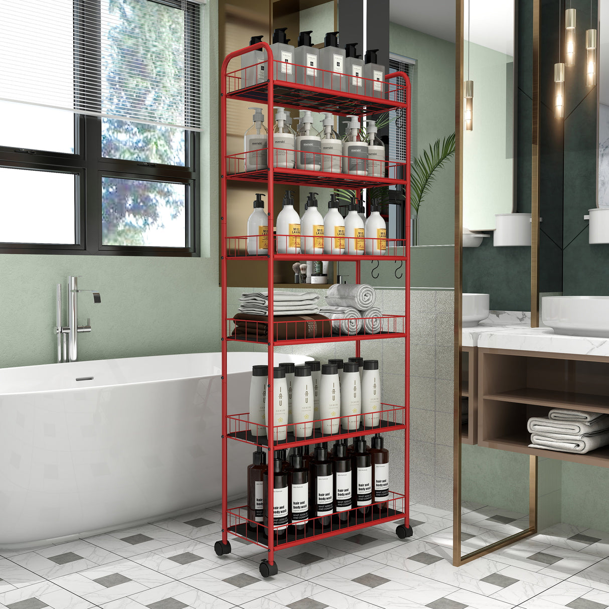 Red 6-story ultra-thin rolling storage cart, mobile shelves with wheels, metal wire storage rack with baskets - V.I.P Digital Presence