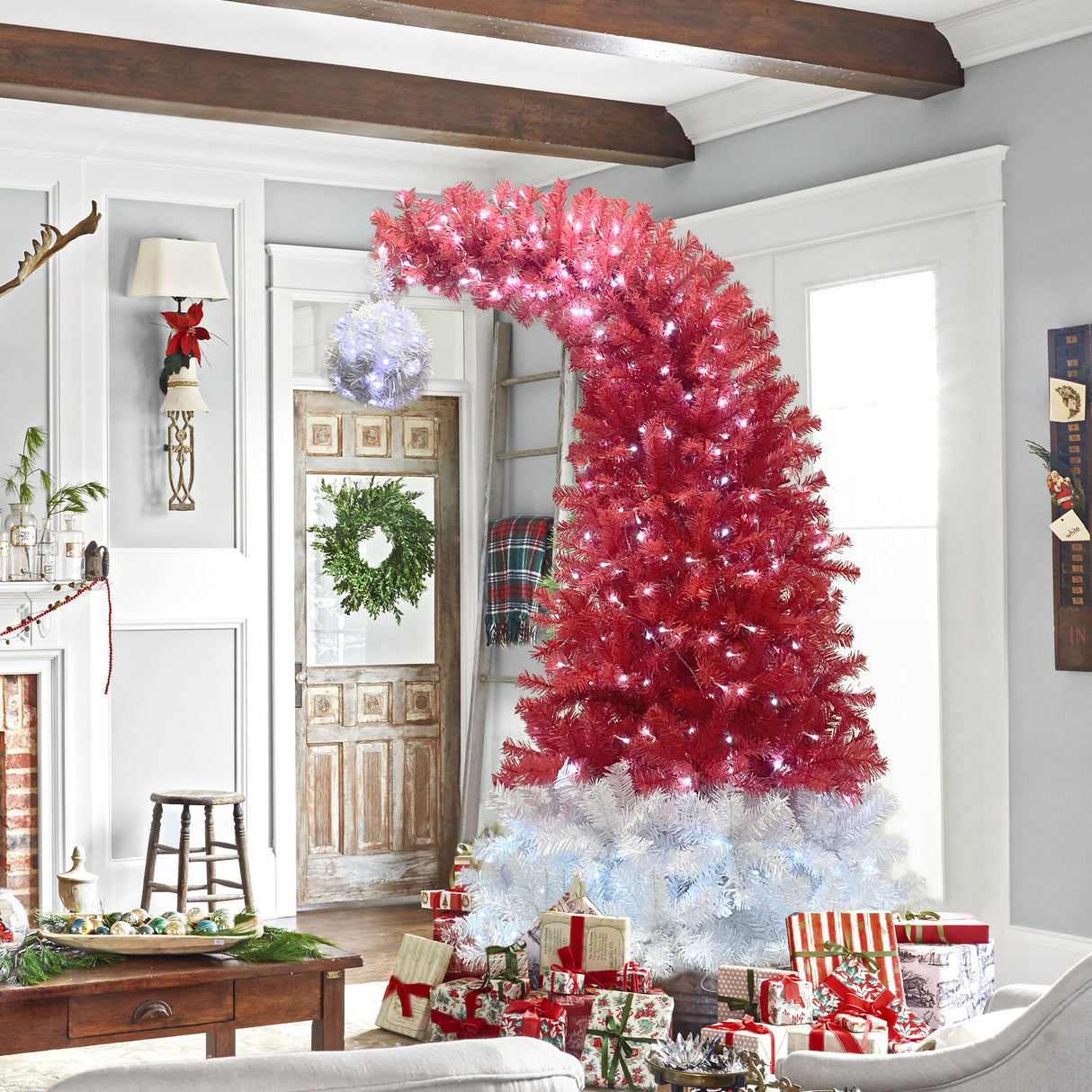 6FT hinge fir artificial fir curved top Christmas tree, bendable, 1250 lush branch hints, 300 LED Christmas lights - V.I.P Digital Presence