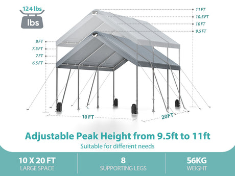 Sannwsg 10 * 20 ultra large portable carport garage, adjustable from 9.5 feet to 11 feet, with detachable roof and side walls - V.I.P Digital Presence