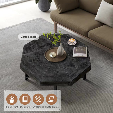 Wooden octagonal retro patchwork craft 30 inch wooden tabletop cross metal leg coffee table (Antique Black) - V.I.P Digital Presence