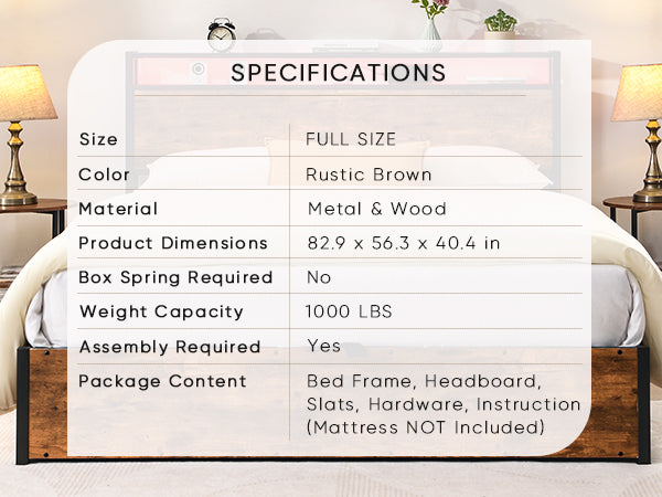 Elevating storage bed frame, full-size bed frame with bookshelf headboard and LED lights, with country brown color - V.I.P Digital Presence
