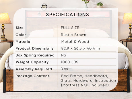 Elevating storage bed frame, full-size bed frame with bookshelf headboard and LED lights, with country brown color - V.I.P Digital Presence