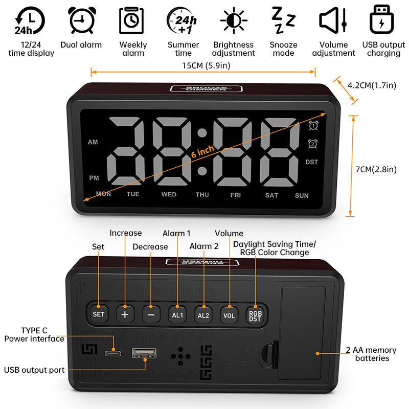 LED Wood-Grain Wooden Clock, RGB Color-Changing Dimming, Daylight Saving Time & Week Display, Desktop Electronic Alarm Clock - V.I.P Digital Presence