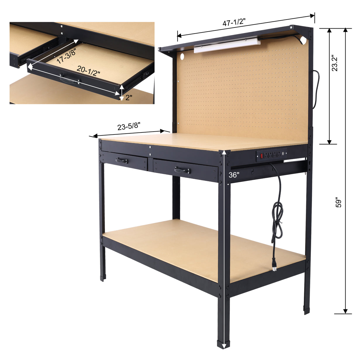 Steel Workbench Tool Storage Work Bench Workshop Tools Table W/Drawer and Peg Board ,4xAC outlets 2xUSB Ports - V.I.P Digital Presence