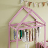 Wooden Twin Size Children's Bed with Detachable Headboard and Integrated Clothes Drying Rack, Pink - V.I.P Digital Presence