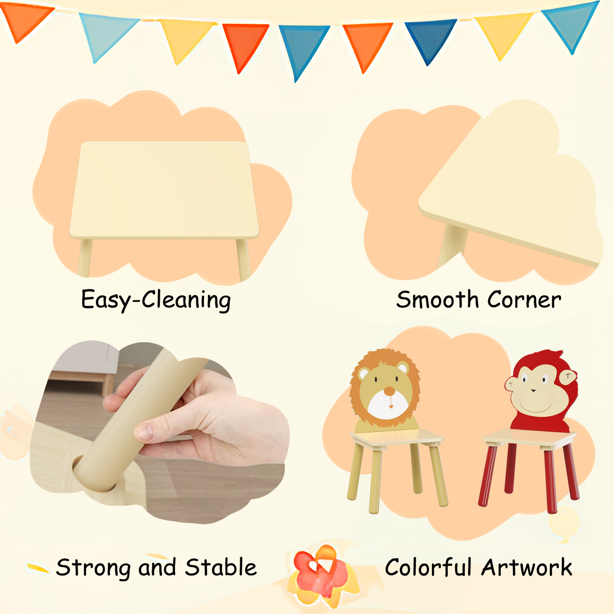 Kids Table and 2 Chairs Set 3 Pieces Toddler Table and Chair Set Wooden Activity Play Table Set (Lion&Monkey) - V.I.P Digital Presence