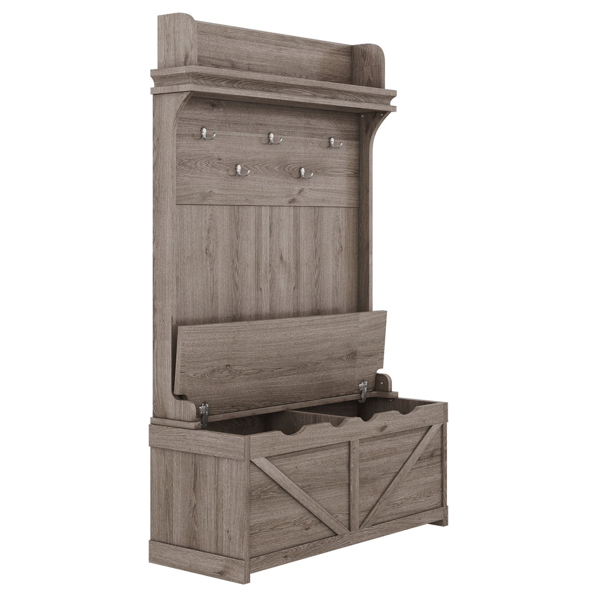 Hall tree with storage desk, entrance desk with drawers and 5 hooks, display rack,Oak - V.I.P Digital Presence