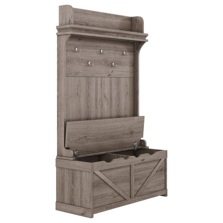 Hall tree with storage desk, entrance desk with drawers and 5 hooks, display rack,Oak - V.I.P Digital Presence