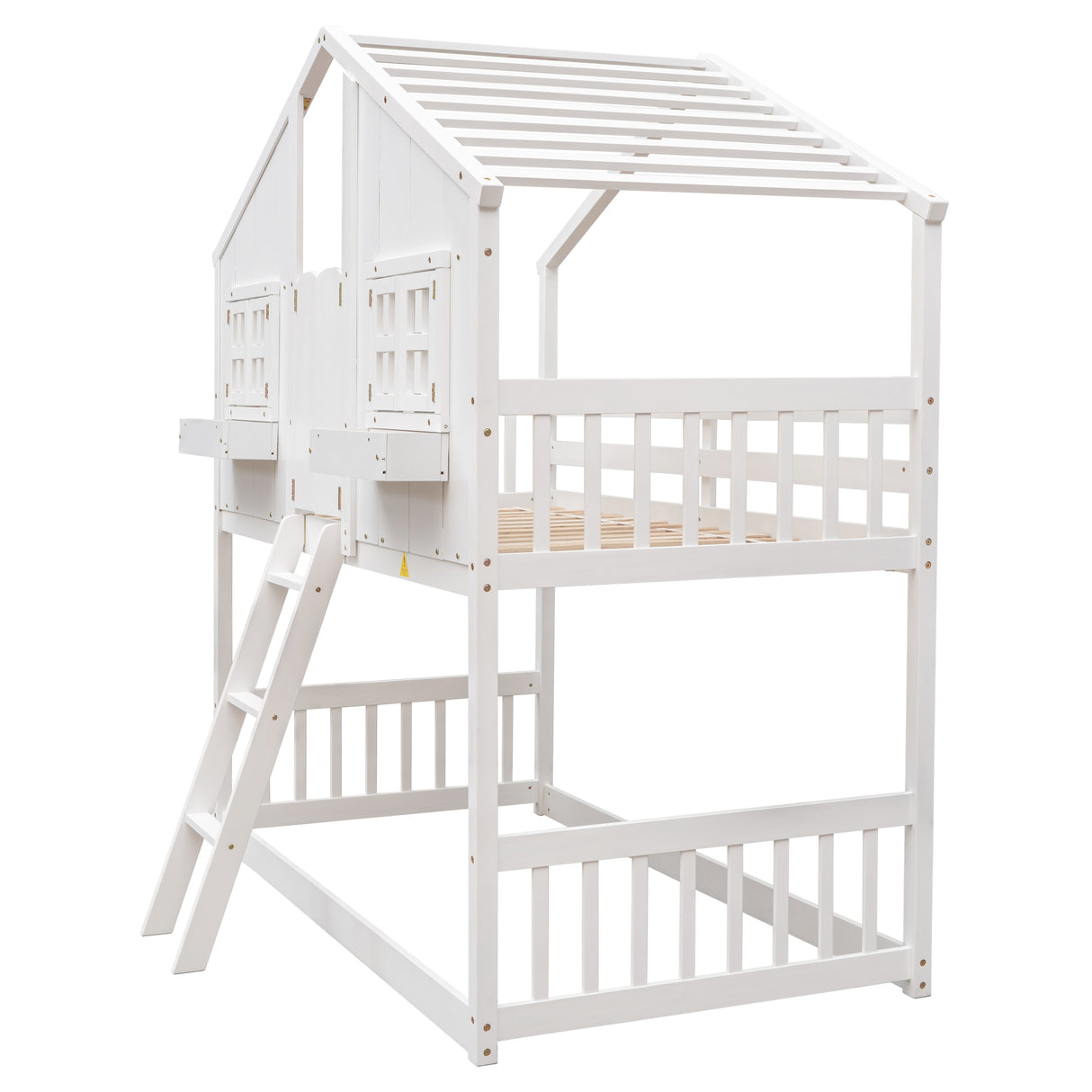 Twin over Twin House Bunk Bed with Roof , Window, Window Box, Door , with Safety Guardrails and Ladder,White - V.I.P Digital Presence
