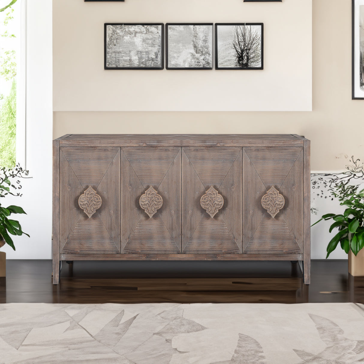 Carved Flower Door Handle, Antique Four Door Cabinet for Living Room Kitchen Hallway (Brown) - V.I.P Digital Presence