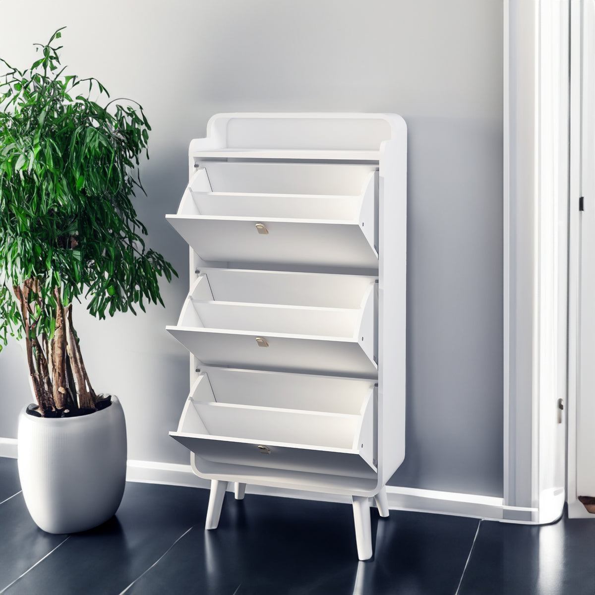 Modern Arc Design Shoe Cabinet With 3 Drawers,Shoe Storage Cabinet for Entryway,Outdoor,White Finish - V.I.P Digital Presence