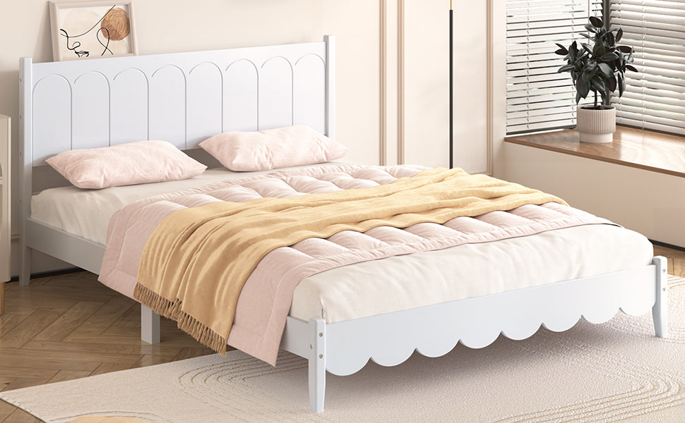 Queen Size Wood Platform Bed Frame, Retro Style Bed with Rectangular Headboard,No Need Box Spring,White - V.I.P Digital Presence