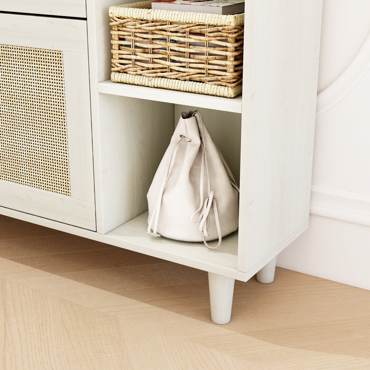 Natural Bohemian style shoe cabinet with 3 rattan flip drawers, 3 square shelves, and 1 storage drawer, white - V.I.P Digital Presence