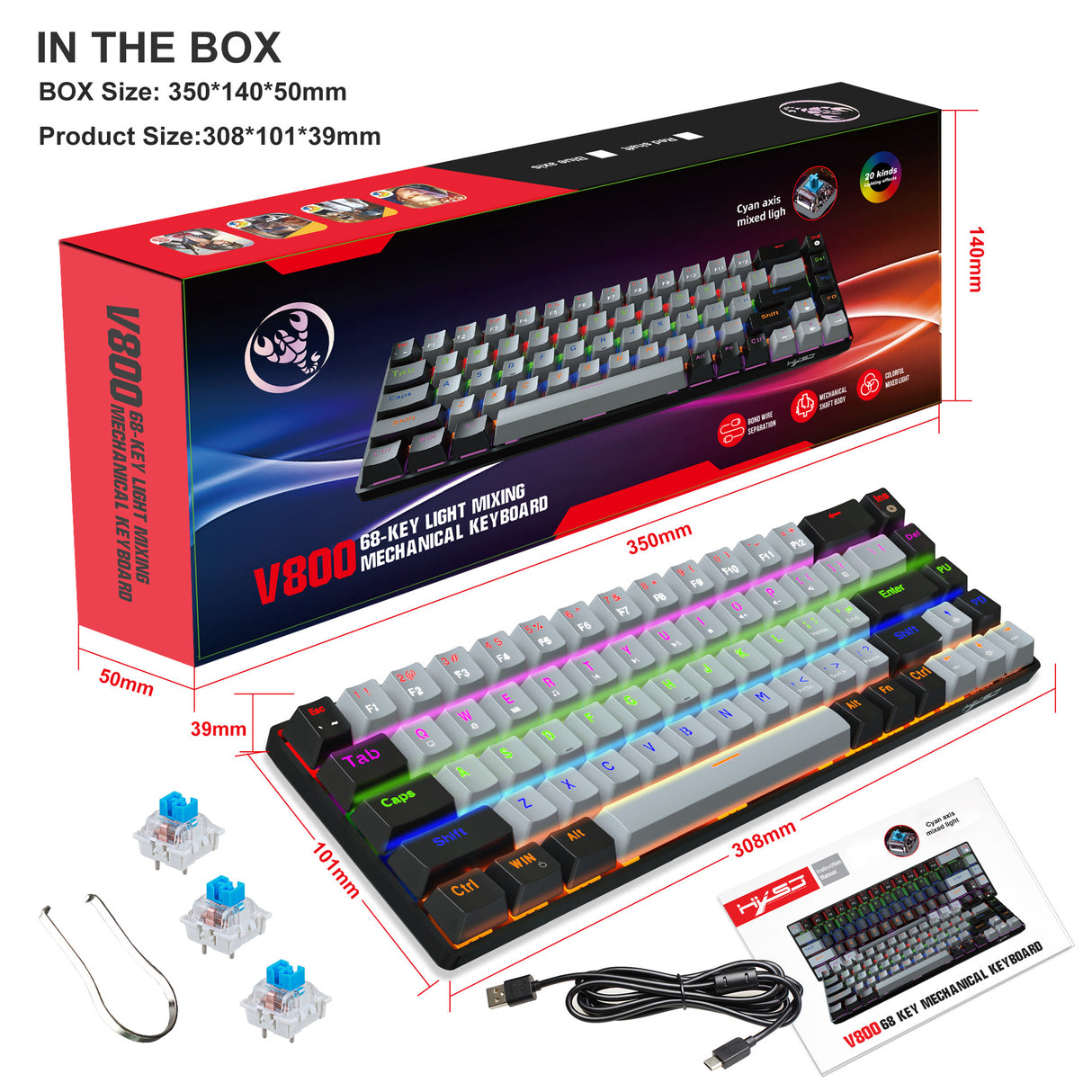 68 keys, 60% keyboard, customized color blocked keycaps, RGB mechanical keyboard, MINI set, plug-in blue axis ice blue disc - V.I.P Digital Presence