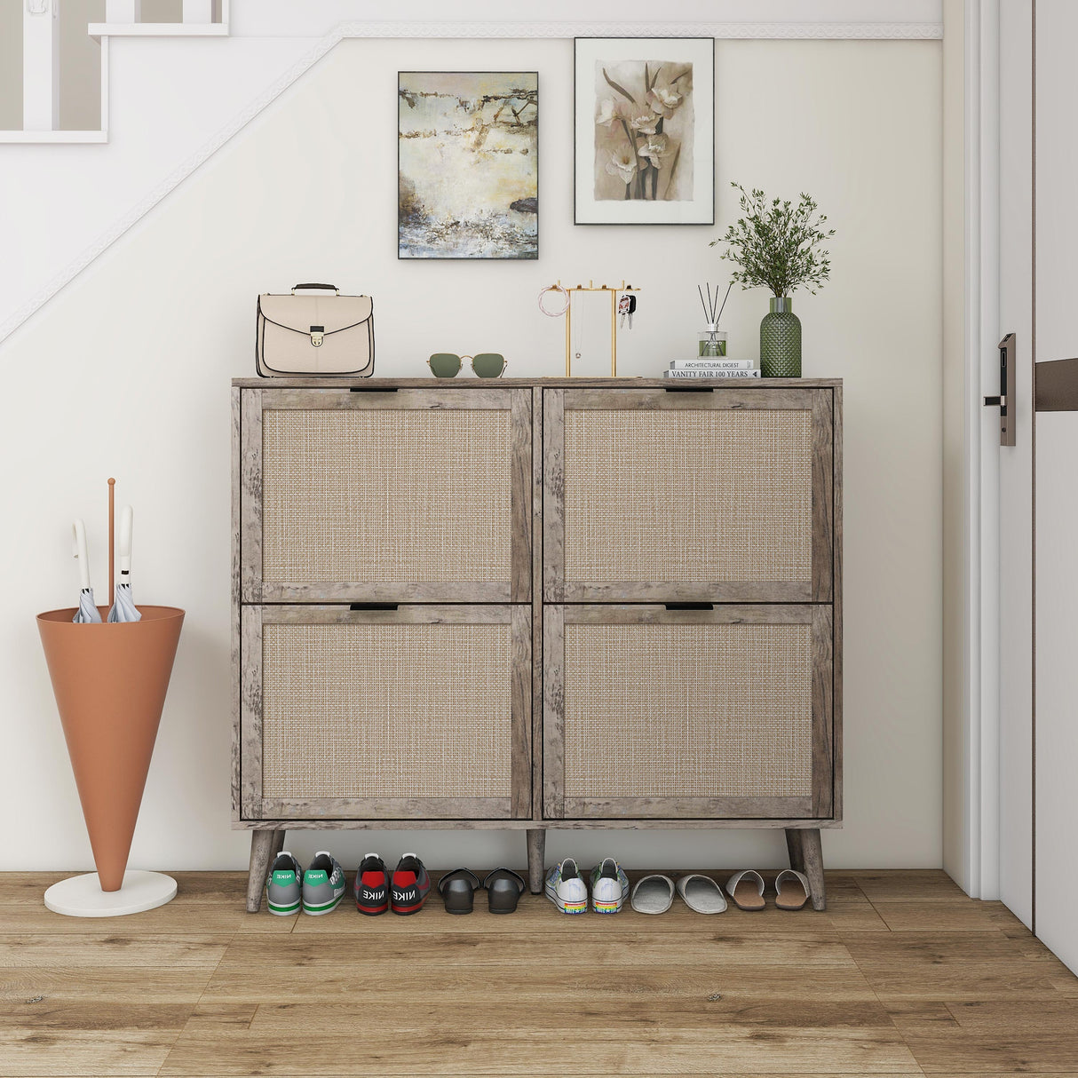 4 Door Shoe Rack, Freestanding Modern Shoe Storage Cabinet, for Entryway - V.I.P Digital Presence
