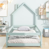 Twin Size Wood bed with House-shaped Headboard Floor bed with Fences,Light Green - V.I.P Digital Presence