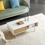 41.34" Rattan Coffee table sliding door for storage solid wood legs White - V.I.P Digital Presence