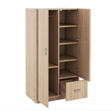 Wooden Wardrobe with Double Doors, Armoire with Hanging Rod, 5 Fixed Shelves, One Storage Drawer,Natural - V.I.P Digital Presence