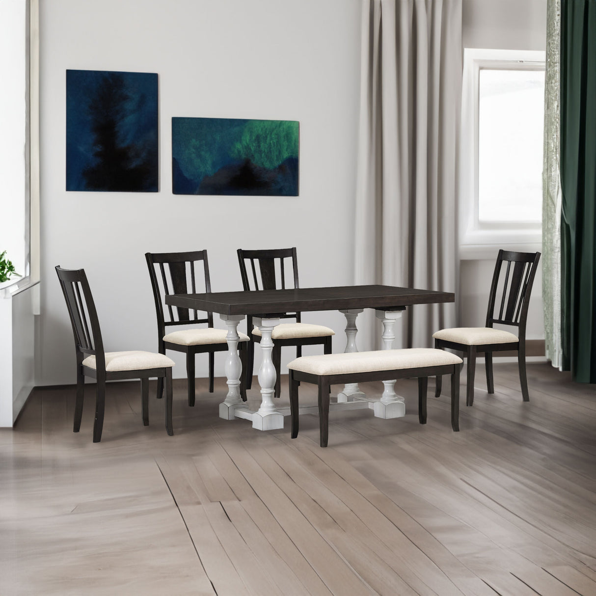 Traditional 6-Piece 78inch Trestle Extendable Dining Table Set with One 18inch Removable Leaf Distressed White - V.I.P Digital Presence
