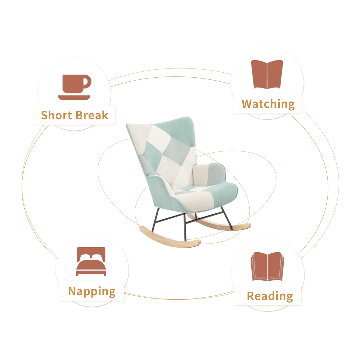 Rocking Chair with ottoman, Mid Century Fabric Rocker Chair with Wood Legs and Patchwork Linen for Livingroom Bedroom - V.I.P Digital Presence