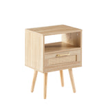 15.75" Rattan End table with drawer and solid wood legs Modern nightstand side table for living room natural - V.I.P Digital Presence