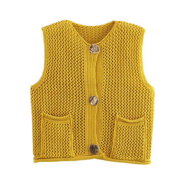 Street Fashion Crochet Hollow Vest Solid Color Versatile Round Neck Jacket - V.I.P Digital Presence