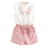INS Children's Clothing Girls Embroidered Flowers Ruffled Lace Sleeveless Shirt Two-Color Shorts Set - V.I.P Digital Presence
