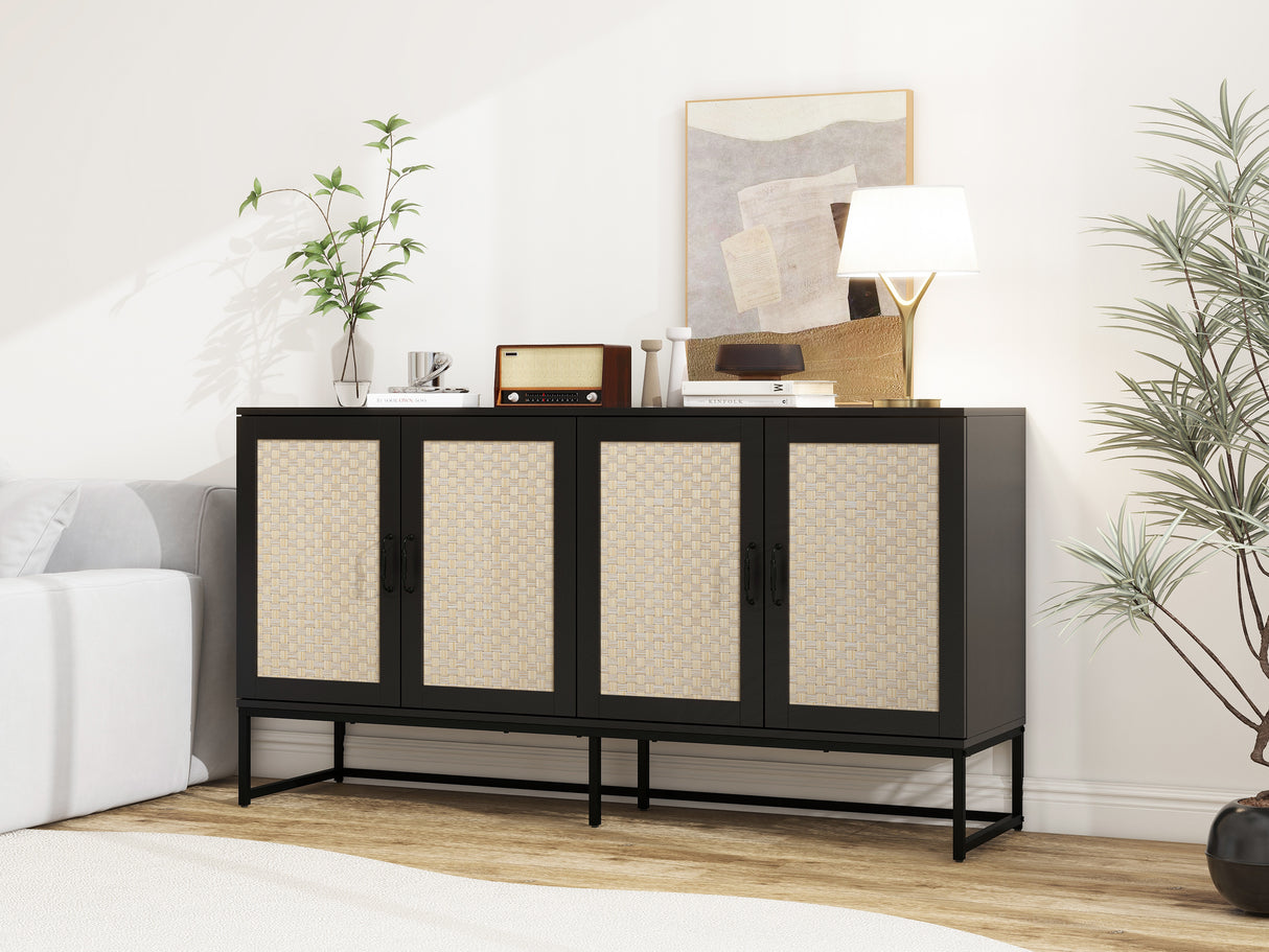 Rattan 4-Door Sideboard , Sideboard Buffet Storage Cabinet,Accent Storage Cabinet , Large Cabinet With 4 Rattan Decorated Doors - V.I.P Digital Presence