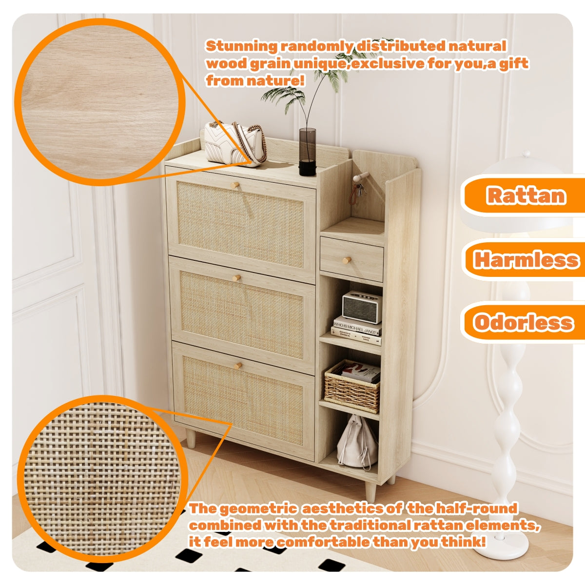 Natural Bohemian style shoe cabinet with 3 rattan flip drawers, 3 square shelves, and 1 storage drawer,  Natural - V.I.P Digital Presence