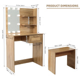 Vanity Desk Set Stool & Dressing Table with LED Lighting Mirror Drawer and Wood Cosmetic Table Chest of Drawers Nature Color - V.I.P Digital Presence