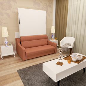Full size Morden Deisgn vertical Murphy bed with sofa and drawers, white wall bed, space saving hidden bed with new gas pillars - V.I.P Digital Presence
