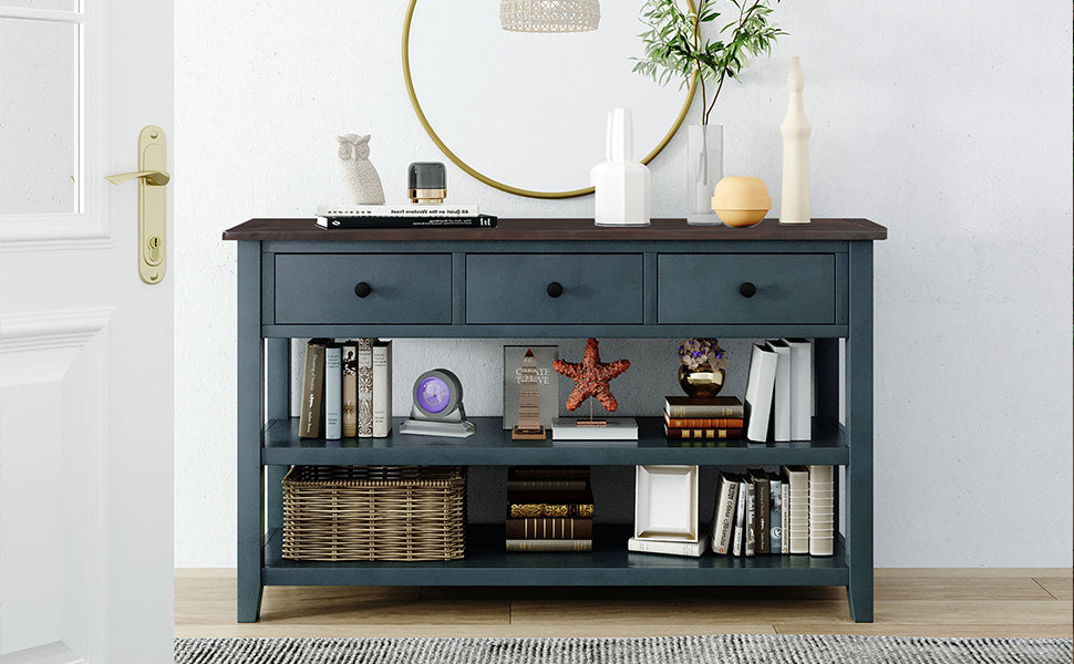 Retro Design Console Table with Two Open Shelves, Pine Solid Wood Frame and Legs for Living Room (Navy) - V.I.P Digital Presence