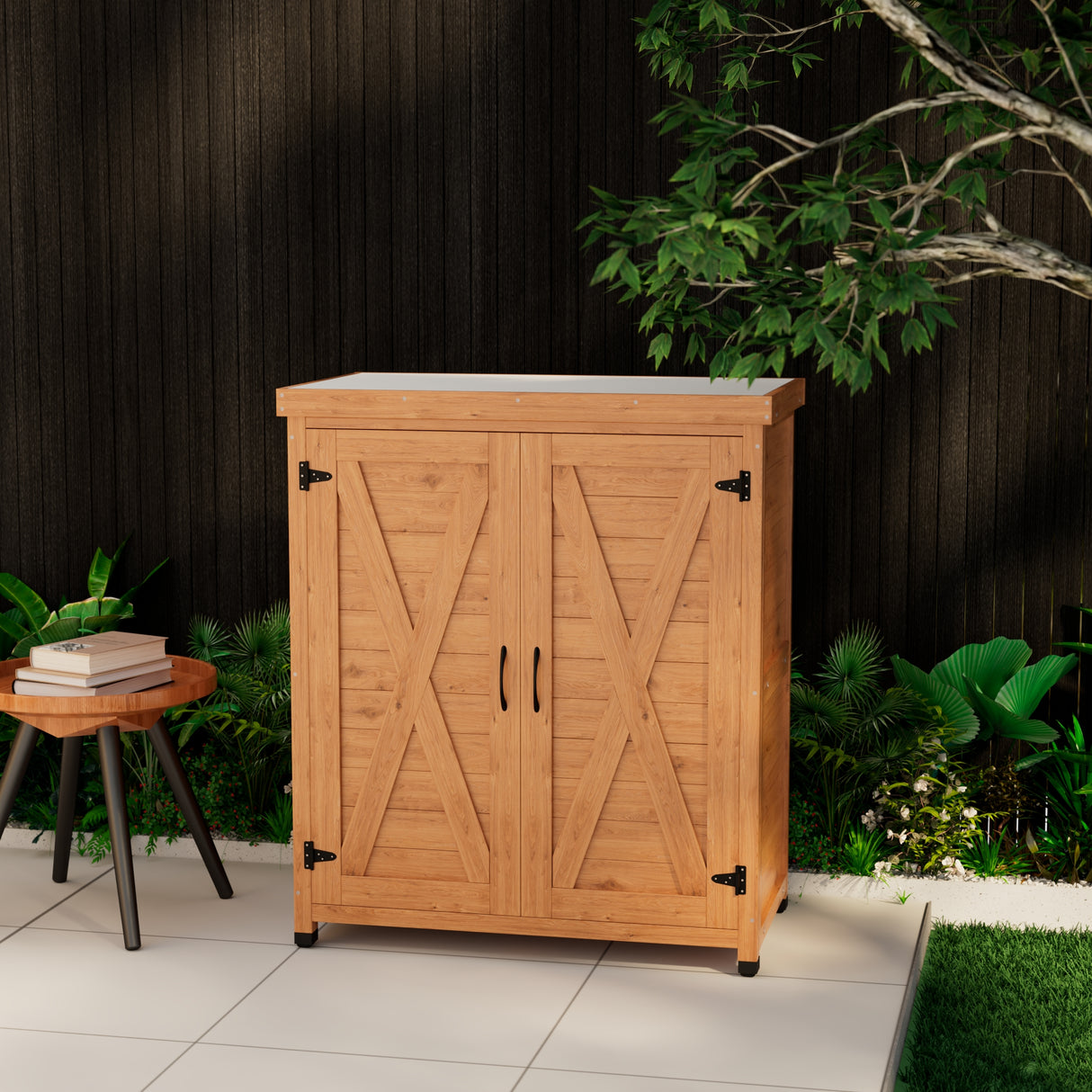 Potting Bench with Storage Cabinet and Metal Table Top for Outdoor Patio,Outdoor Work Station Table - V.I.P Digital Presence