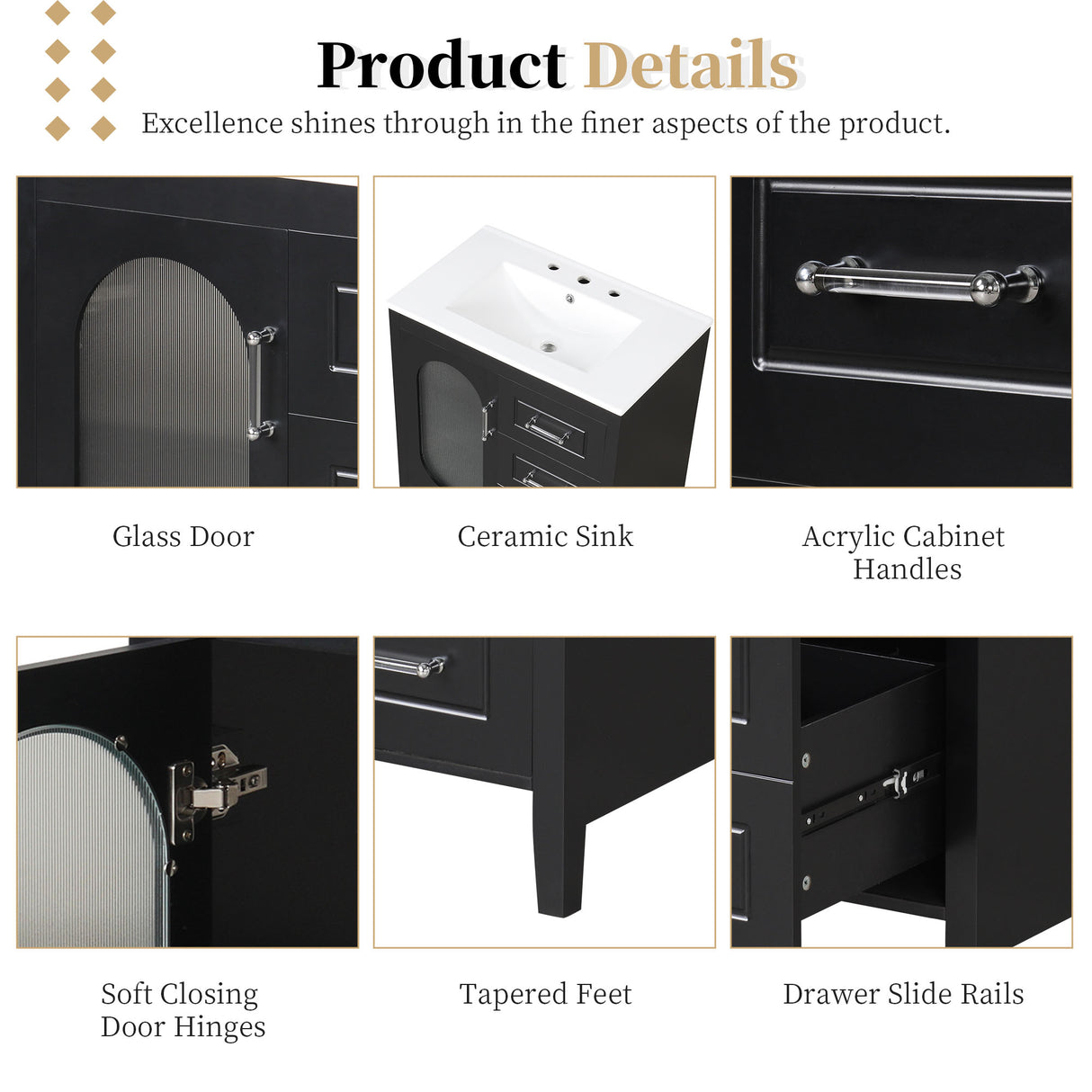 30" Bathroom Vanity with Sink, Bathroom Vanity Cabinet with Two Drawers and Door, Adjustable Shelf, Solid Wood and MDF, Black - V.I.P Digital Presence