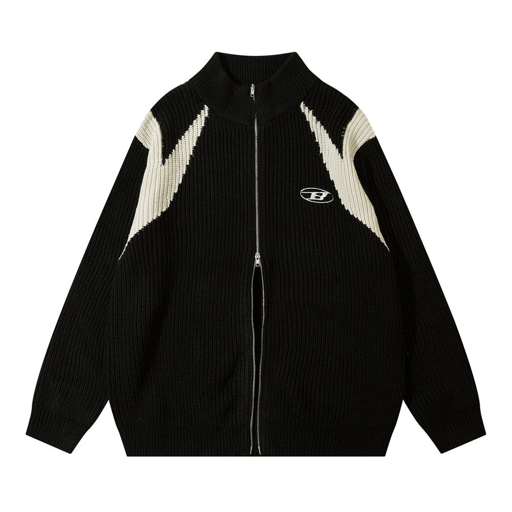 Color Block Zipper Cardigan Sweater Men's Autumn Street Style Stand Collar Long Sleeve Loose Knitwear - V.I.P Digital Presence