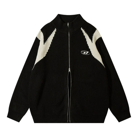 Color Block Zipper Cardigan Sweater Men's Autumn Street Style Stand Collar Long Sleeve Loose Knitwear - V.I.P Digital Presence