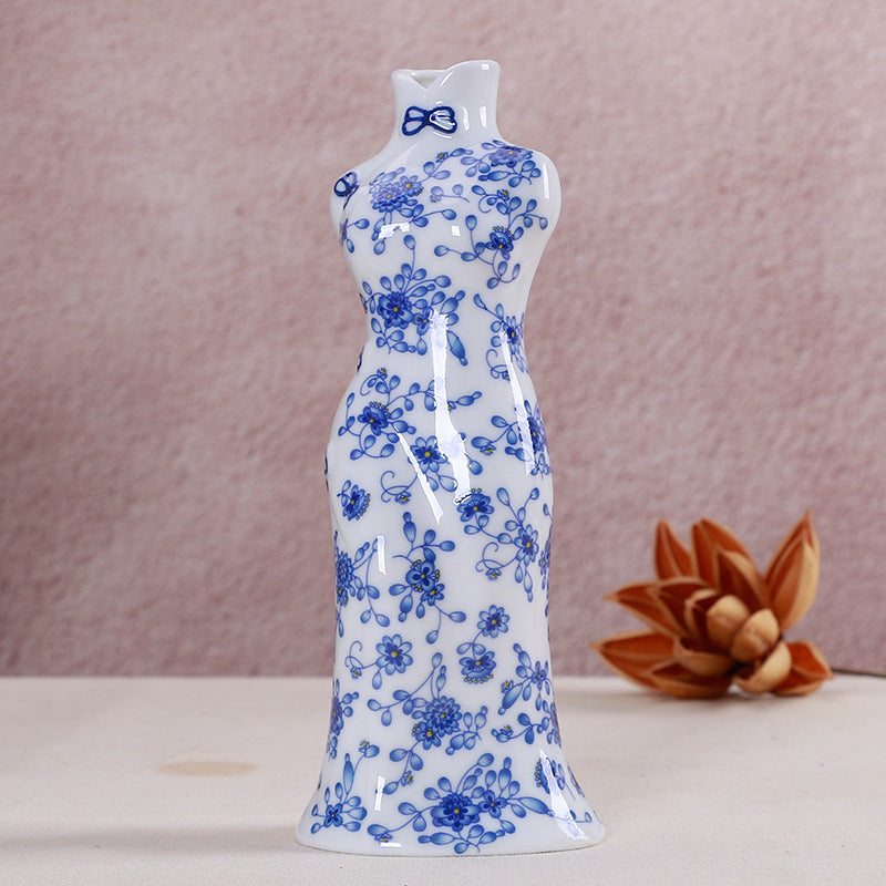 Ceramic ornaments blue and white porcelain mini vases cheongsam flower arrangements living room home decorations - V.I.P Digital Presence