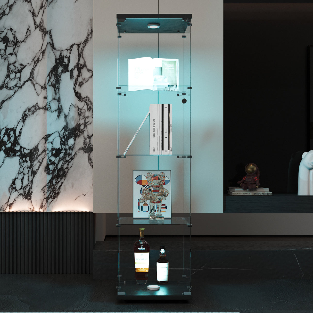 4 LED light glass display cabinets with door shelves, floor standing antique bookshelf, 64.7 "* 16.7" * 14.3 ", black - V.I.P Digital Presence