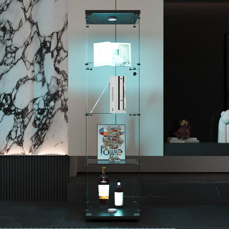 4 LED light glass display cabinets with door shelves, floor standing antique bookshelf, 64.7 "* 16.7" * 14.3 ", black - V.I.P Digital Presence