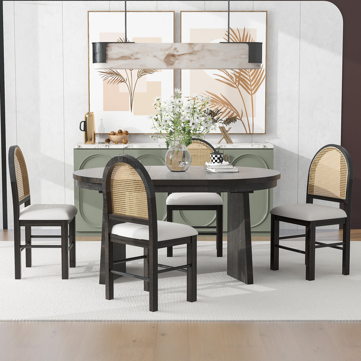 TREXM 5-piece retro functional cutlery set with 1 expandable dining table and 4 cushioned chairs with rattan backrests (espresso - V.I.P Digital Presence