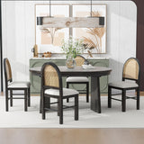 TREXM 5-piece retro functional cutlery set with 1 expandable dining table and 4 cushioned chairs with rattan backrests (espresso - V.I.P Digital Presence