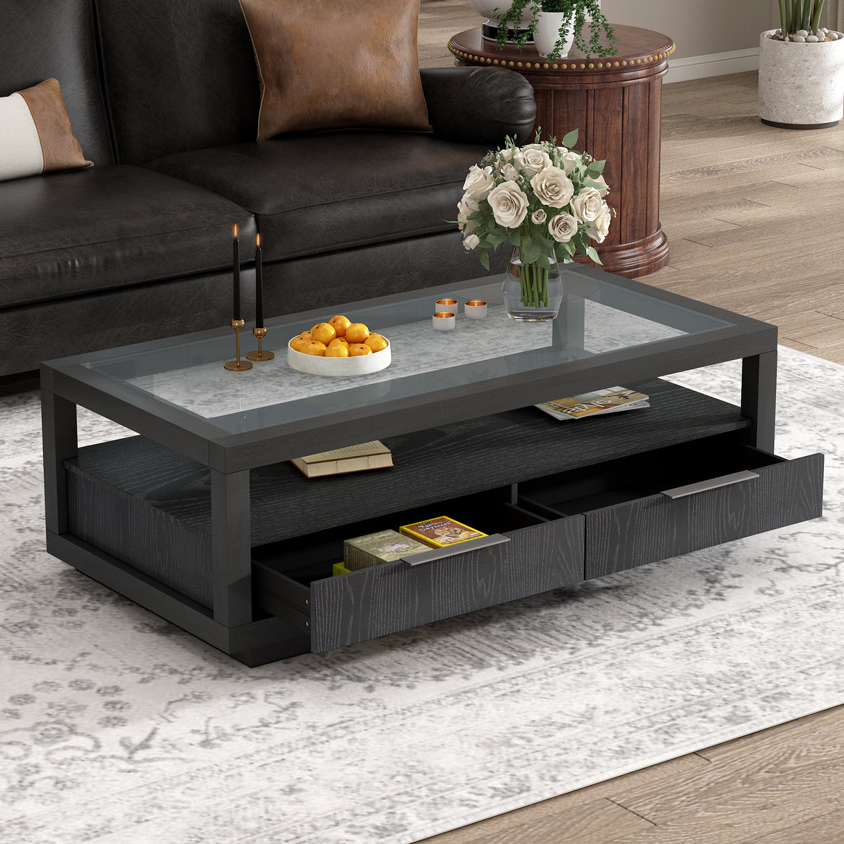U-Can modern wooden coffee table with 2 drawers and minimalist display coffee table with transparent tempered glass - V.I.P Digital Presence