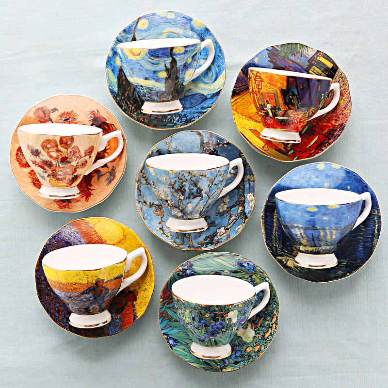British Luxe Saucer and Spoon Afternoon Tea Cup with Van Gogh Oil Painting Design, Bone China Coffee Cup, Creative Souvenir Ceramic Mug - V.I.P Digital Presence